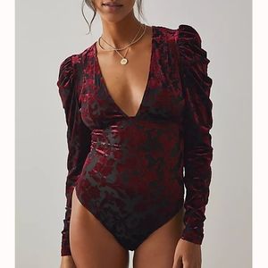 Free People Magic Hour Velvet Mesh Bodysuit in Midnight Combo